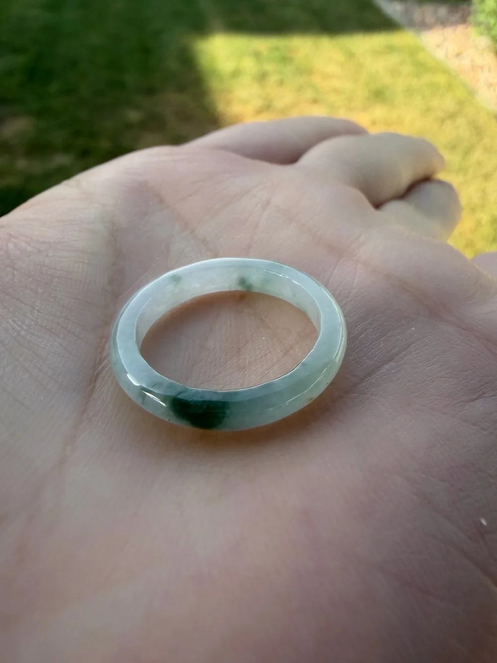 Natural Type A Burmese Icy Jadeite Solid Band Ring with Floating Green Flower